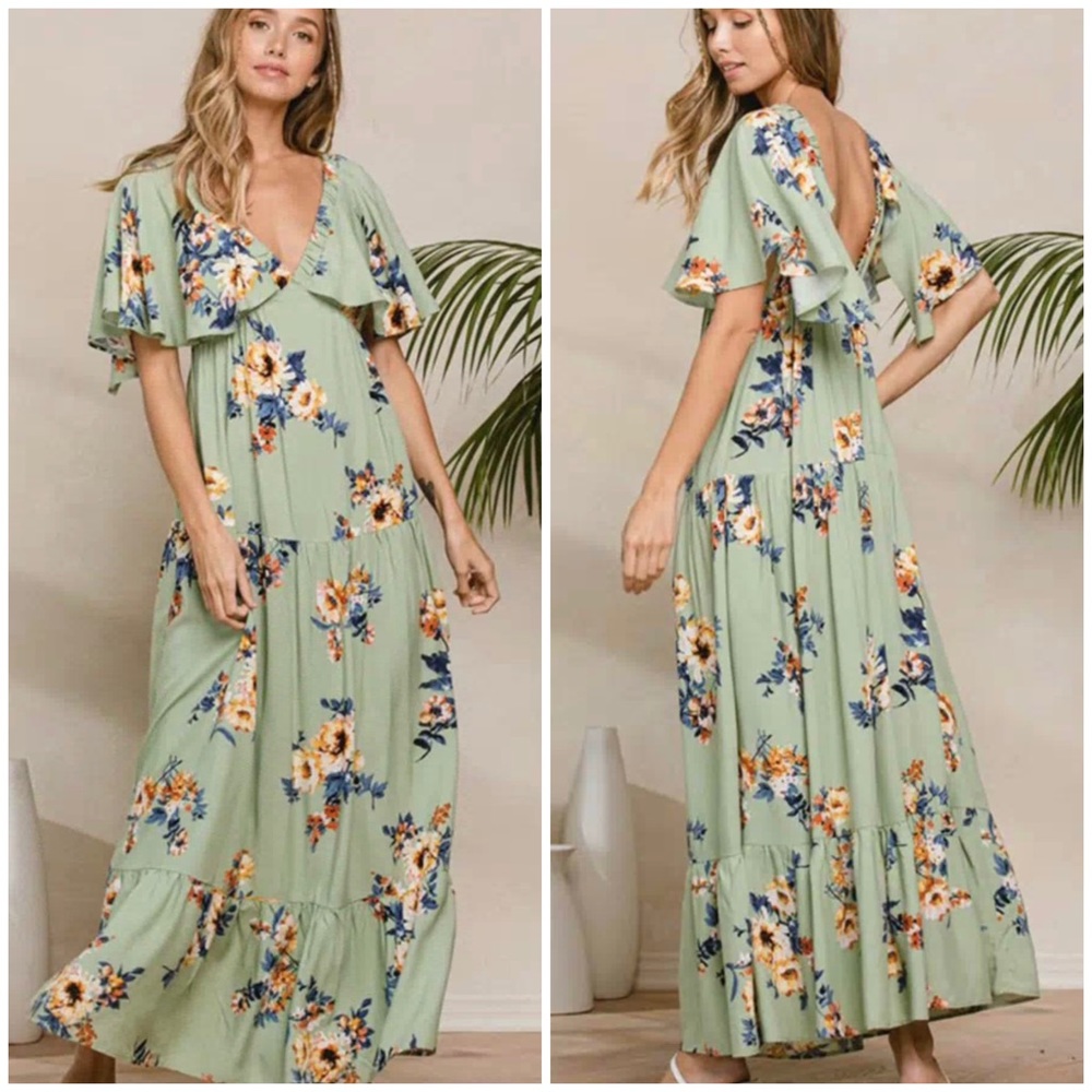 #186 SHORT SLEEVE TIERED RUFFLE FLORAL MAXI DRESS